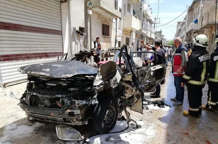 A destroyed vehicle is seen after a car bombing in Syria's al-Bab killed one civilian, May 5, 2020. (IHA Photo)