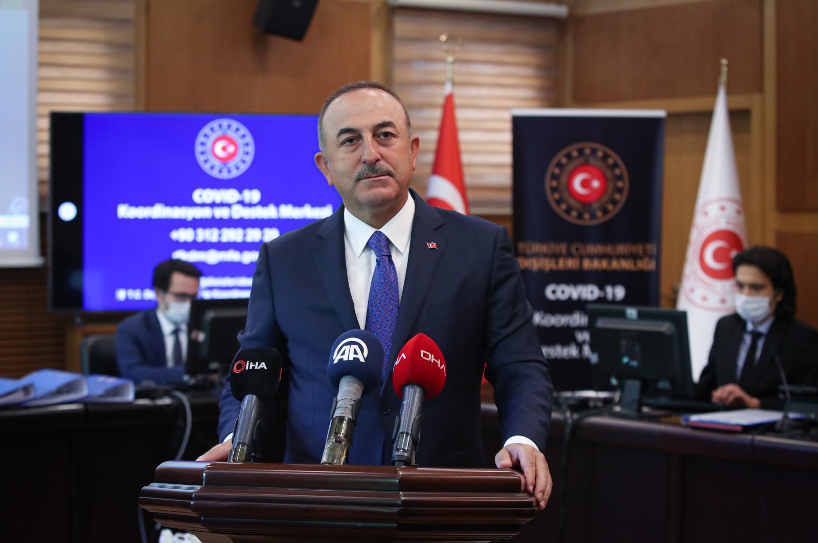 Foreign Minister Mevlüt Çavuşoğlu speaks at a news conference in Ankara, Turkey, May 5, 2020. (AA Photo)
