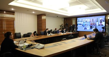 Trade Minister Pekcan during the videoconference with Turkic States in Ankara, 06.05.2020 (AA Photo)