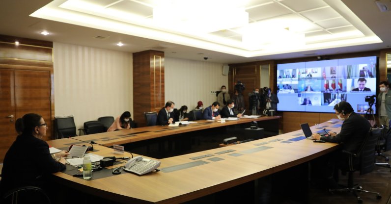 Trade Minister Pekcan during the videoconference with Turkic States in Ankara, 06.05.2020 (AA Photo)