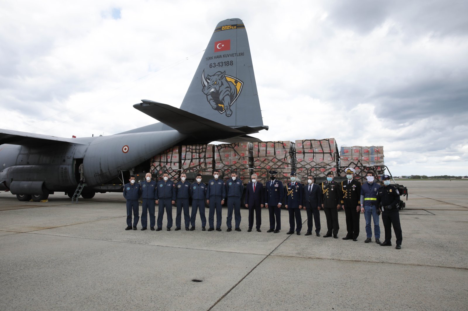 A Turkish military cargo plane with medical supplies and protective equipment to combat COVID-19 in the US unloads at Andrews Air Force Base, in Maryland, April 28, 2020. (AFP)