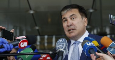Georgia's former President Mikheil Saakashvili speaks with journalists after his meeting with members of Ukraine's Servant of the People parliament fraction, Kyiv, Ukraine, April 24, 2020. (Reuters Photo)