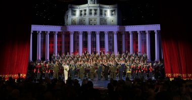 Members of the Alexandrov Ensemble take a bow during the curtain call after their performance in Moscow, Russia, Thursday, Feb. 16, 2017. (AP Photo)