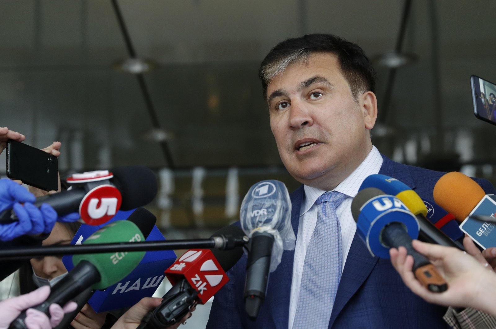Georgia's former President Mikheil Saakashvili speaks with journalists after his meeting with members of Ukraine's Servant of the People parliament fraction, Kyiv, Ukraine, April 24, 2020. (Reuters Photo)