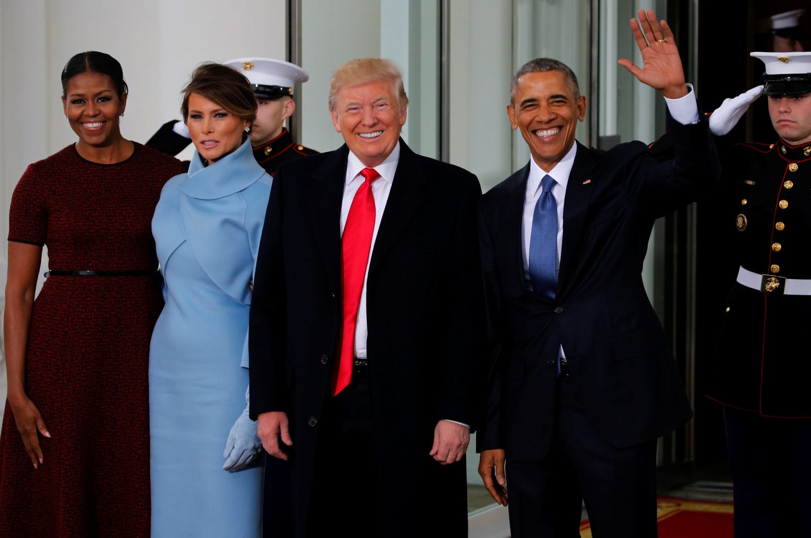 U.S. President Barack Obama (R) and first lady Michelle Obama (L) greet U.S. President-elect Donald Trump and his wife Melania for tea before the inauguration at the White House in Washington, U.S. January 20, 2017. (Reuters Photo)