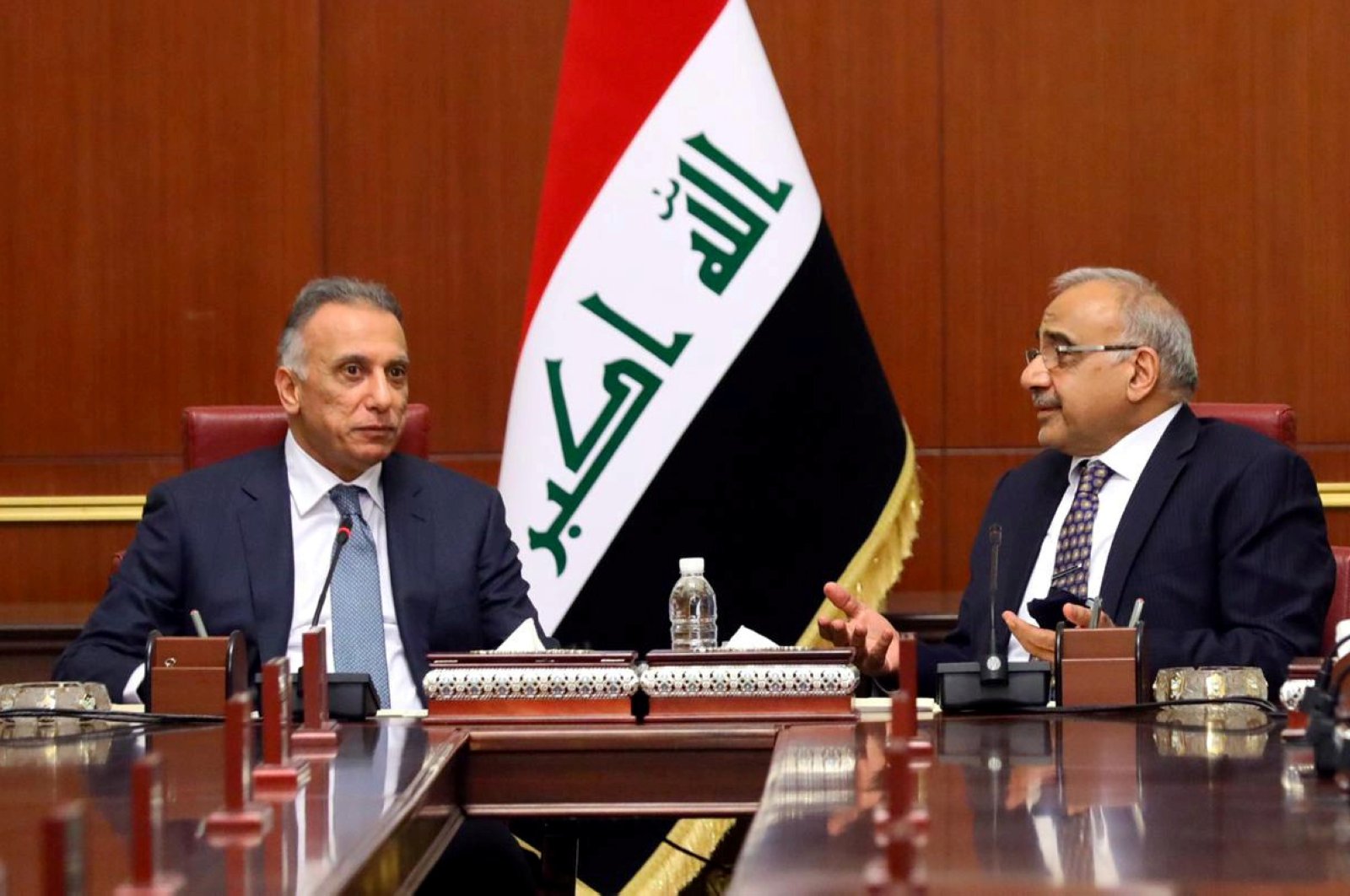 Iraq's new Prime Minister Mustafa al-Kadhimi meets with former Iraqi Prime Minister Adil Abdul-Mahdi in Baghdad, Iraq, May 7, 2020. (Reuters Photo)
