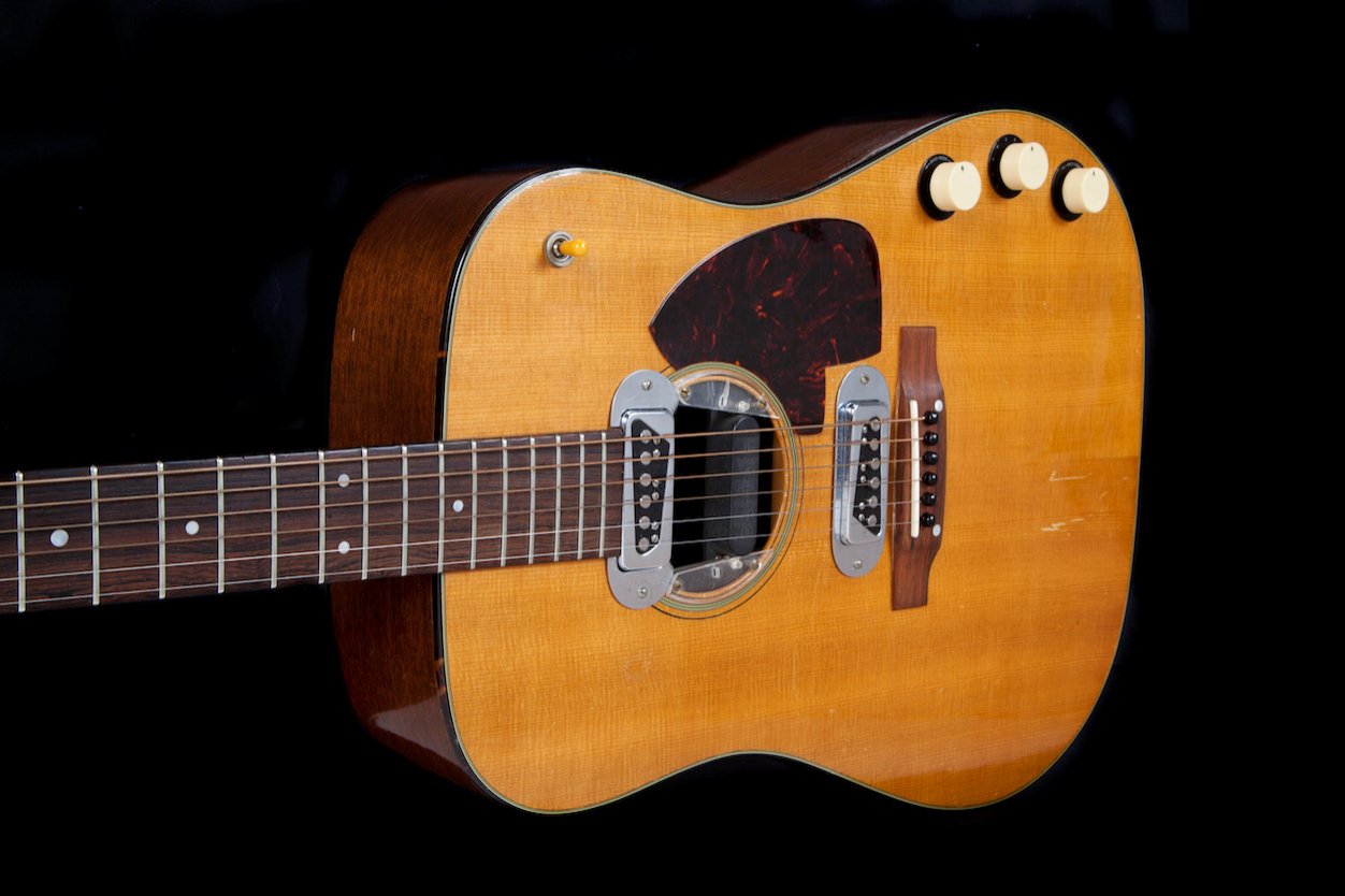 The 1959 Martin D-18E acoustic guitar played by the late Kurt Cobain during the live taping of 'MTV Unplugged' in 1985 is seen in an undated photo before going up for auction in Beverly Hills, California on June 19-June 20, 2020.(REUTERS Photo)