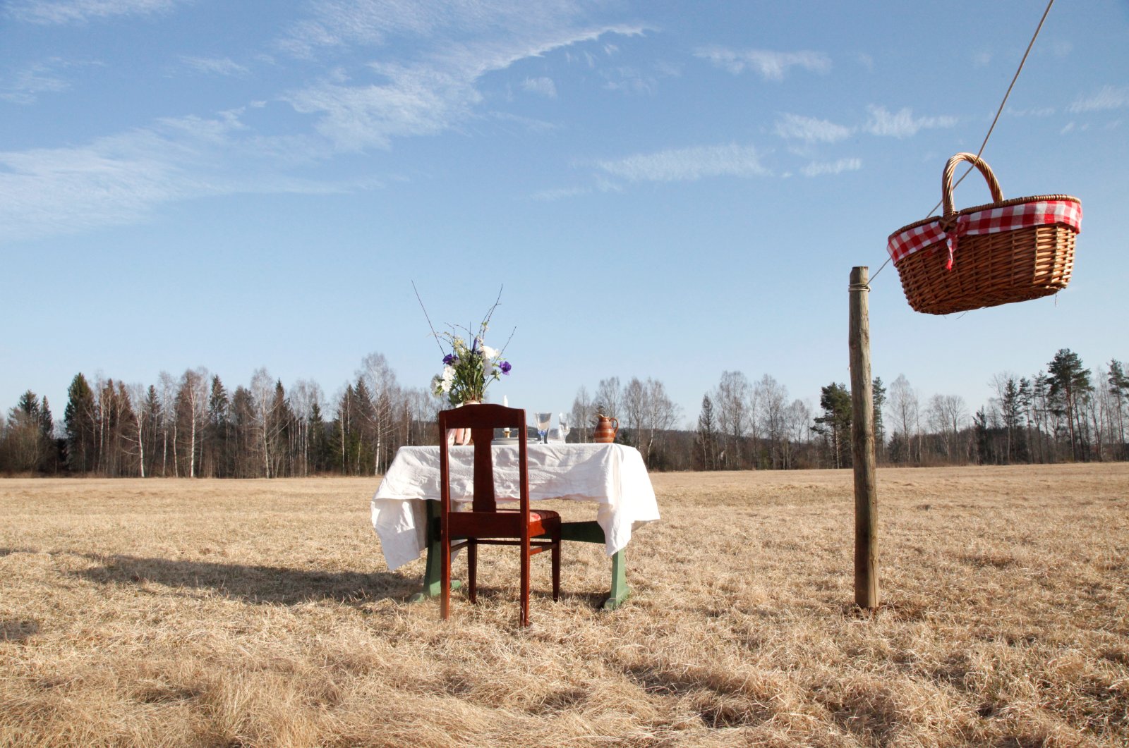 A Swedish couple has opened a COVID-19-safe pop-up restaurant in a meadow with one chair and one table in Umlautus, Ransater, Sweden, March 26, 2020. (Reuters Photo)