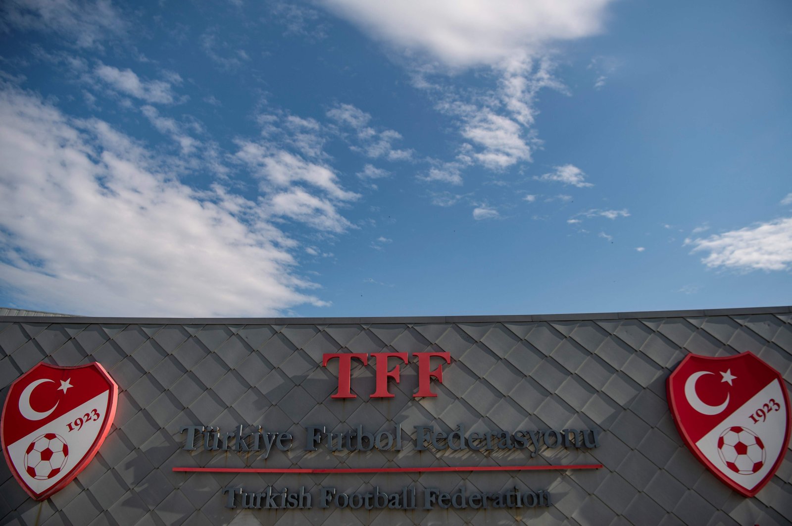 Logo of Turkish Football Federation (TFF) at the entrance of the organization's headquarters, Istanbul, Turkey, May 6, 2020. (AFP Photo)
