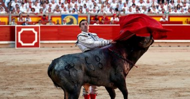 Spanish bullfighter Octavio Chacon performs a pass to a bull during the last bullfight of the San Fermin festival in Pamplona, Spain, July 14, 2019. (Reuters File Photo)