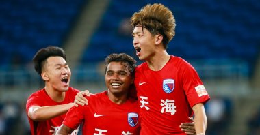 Tianjin Tianhai F.C players celebrate a goal at the 22nd round match of the 2019 Chinese Football Association Super League (CSL) in Tianjin, China, Aug. 15, 2019. (Reuters Photo)