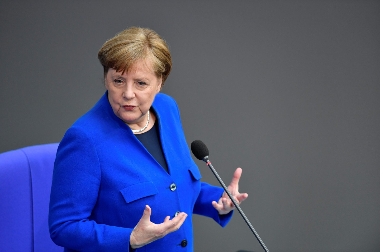 German Chancellor Angela Merkel speaks as she answers questions of parliament members at the Bundestag, the lower house of Parliament, Berlin, Germany, May 13, 2020. (AFP Photo)