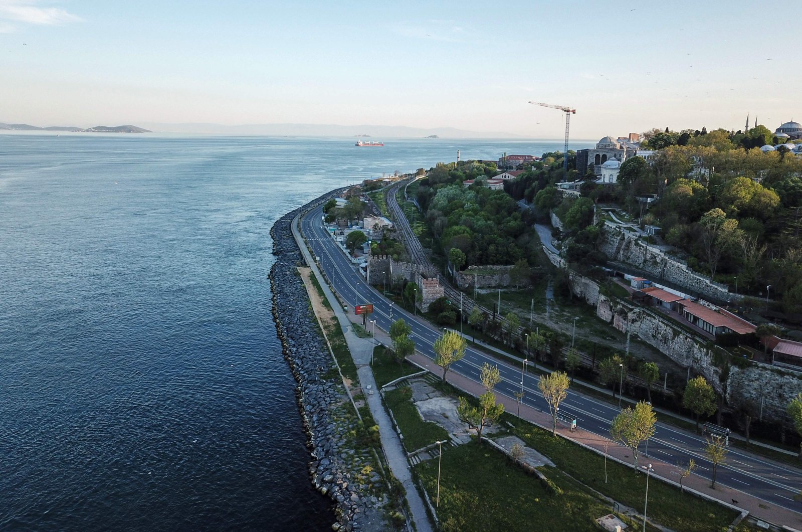 Aerial view shows an empty road leading to the historic Eminönu neighborhood near the Bosphorus strait, Istanbul, Turkey, May 9, 2020. (AFP Photo)