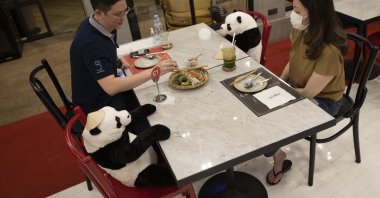 Customers of the Maison Saigon restaurant sit next to stuffed panda dolls the restaurant uses as space keepers for social distancing to help curb the spread of the coronavirus in Bangkok, Thailand, May 5, 2020. (AP Photo)