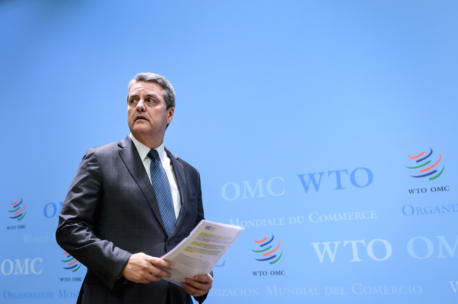 World Trade Organization (WTO) Director General Roberto Azevedo arrives to address a press conference following a WTO general council meeting, Geneva, Dec. 10, 2019. (AFP Photo)
