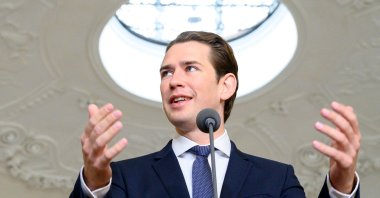 Sebastian Kurz, leader of Austria's People's Party (OeVP) speaks to journalists as he arrives for exploratory talks with Green Party leader Werner Kogler (Unseen) at Winter Palace in Vienna, Austria, Oct. 13, 2019. (AFP Photo)