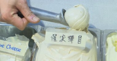 A scoop of tear gas flavored ice cream, in Hong Kong, May 4, 2020. (AP Photo)