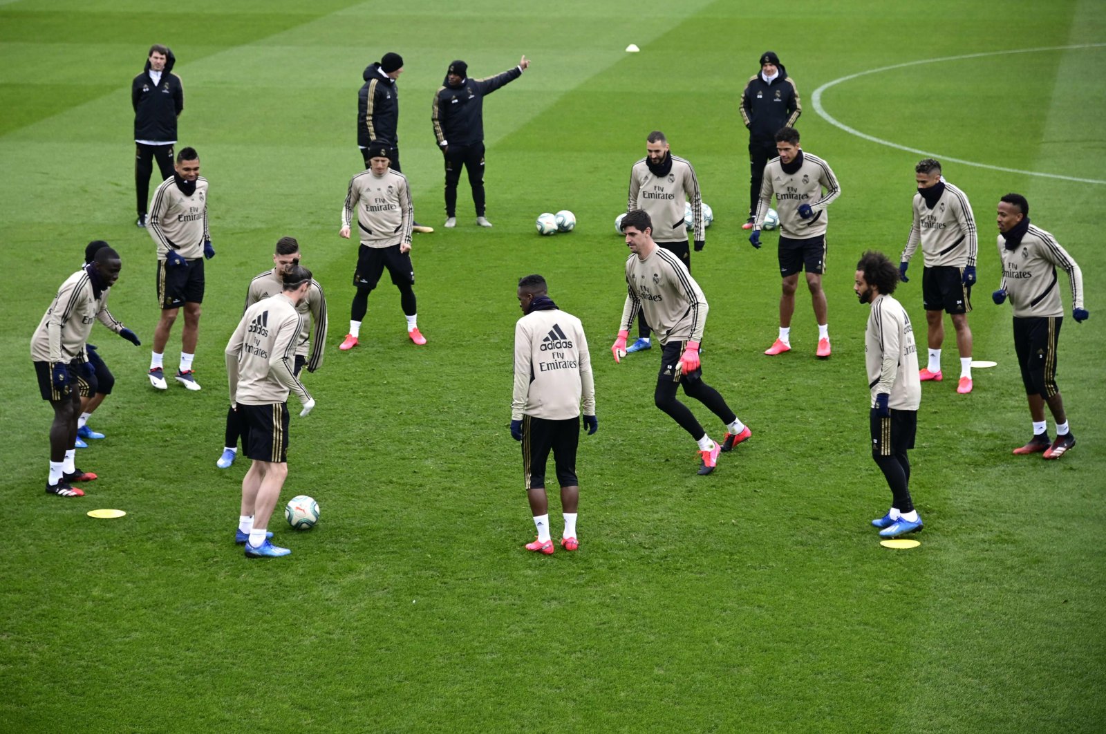 In this file photo taken on February 29, 2020 Real Madrid's players take part in a training session at the club's training ground in Valdebebas in the outskirts of Madrid on February 29, 2020. (AFP Photo)