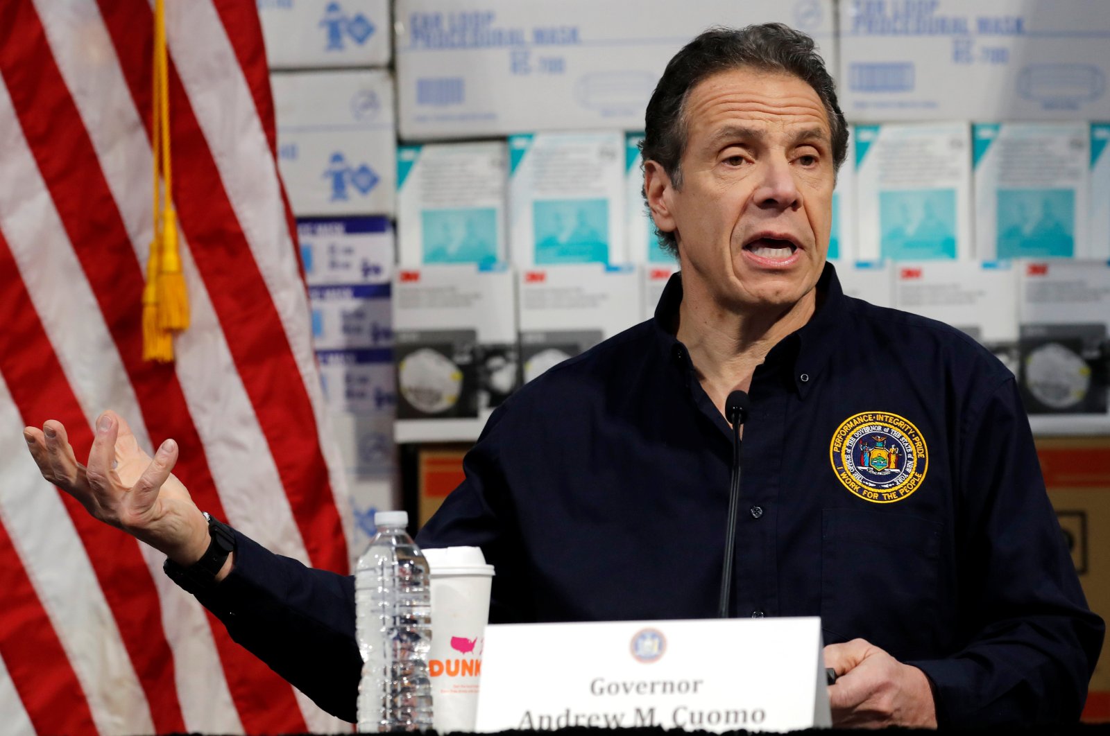 New York Governor Andrew Cuomo speaks in front of stacks of medical protective supplies during a news conference at the Jacob K. Javits Convention Center in New York, U.S., March 24, 2020. (Reuters Photo)