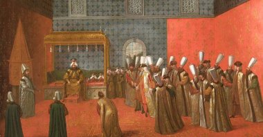 A painting by Flemish French painter Jean Baptiste Vanmour depicting Sultan Ahmed III receiving Dutch ambassador Cornelis Calkoen at the Topkapı Palace in Istanbul in 1727.
