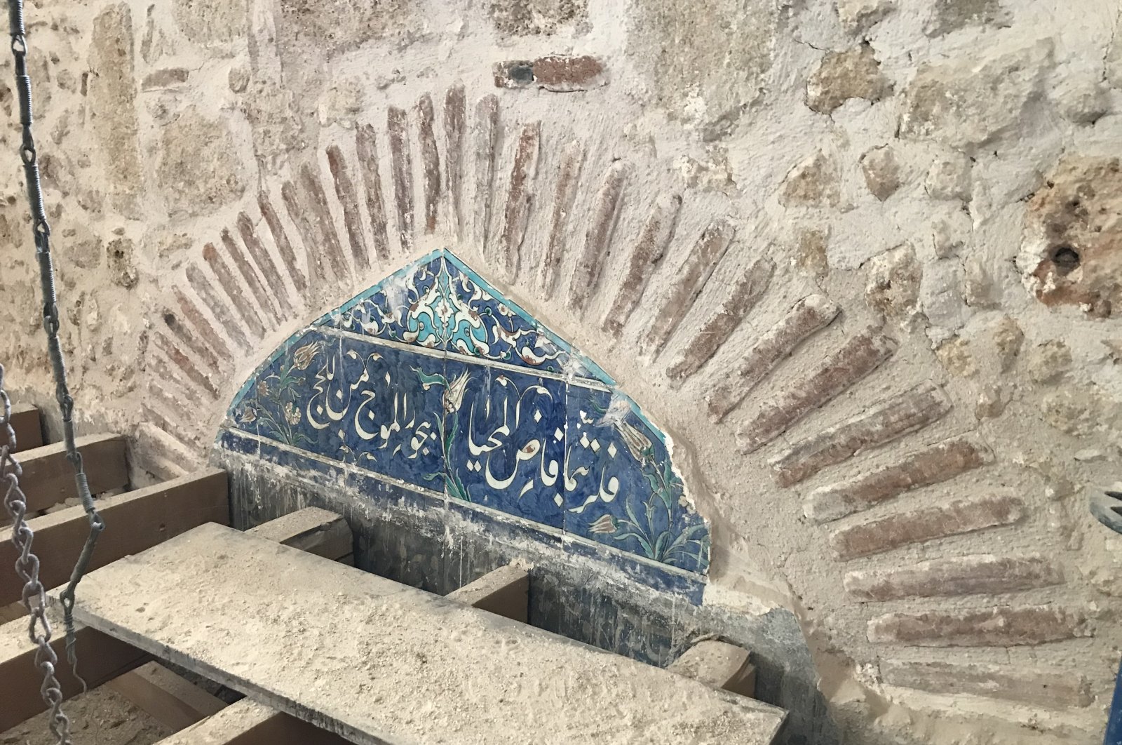 Two tile pediments were found during the restoration work at the Tekeli Mehmet Pasha Mosque, Antalya, Turkey. (AA Photo)