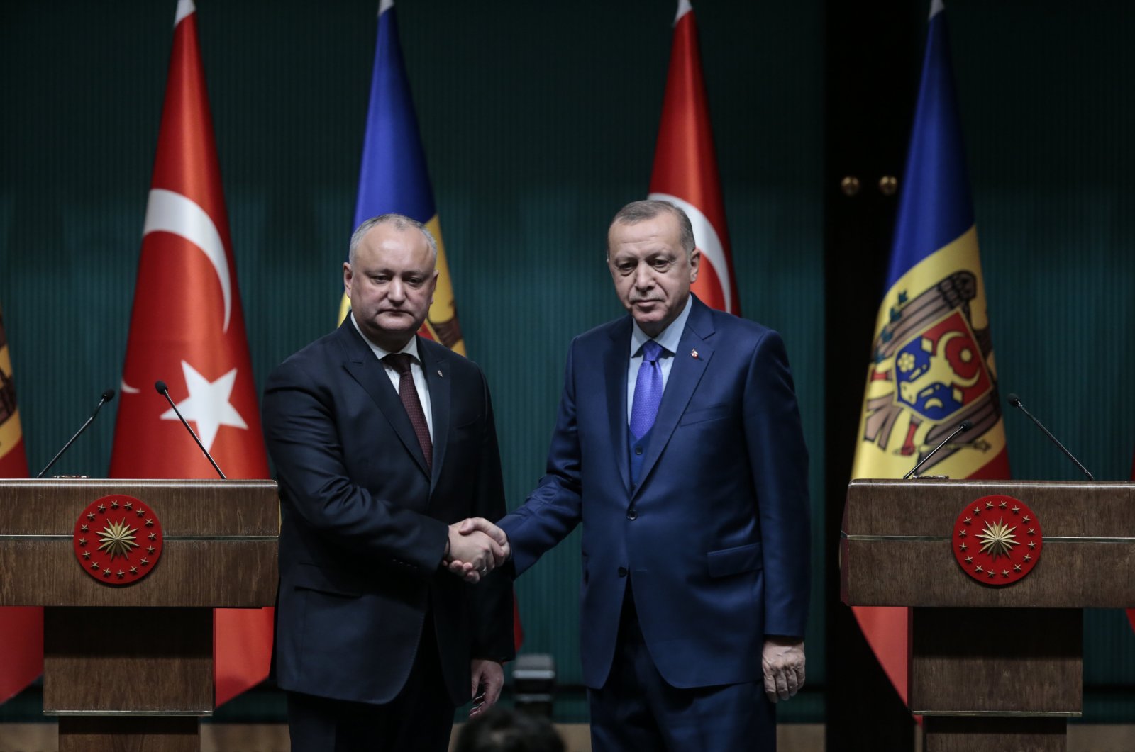 President Recep Tayyip Erdoğan (R) and Moldova's President Igor Dodon (L) during a joint press conference in Turkish capital Ankara, December 31, 2019. (AA Photo)