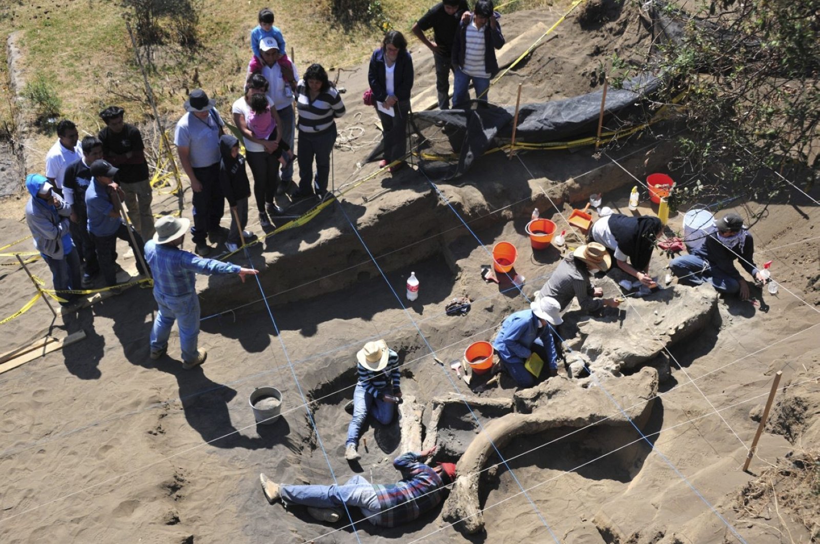 Archaeologists from Mexico's National Institute of Anthropology and History (INAH), work at the excavation of the buried remains of a Columbian mammoth in this handout photograph taken on April 4, 2013. (Reuters Photo)