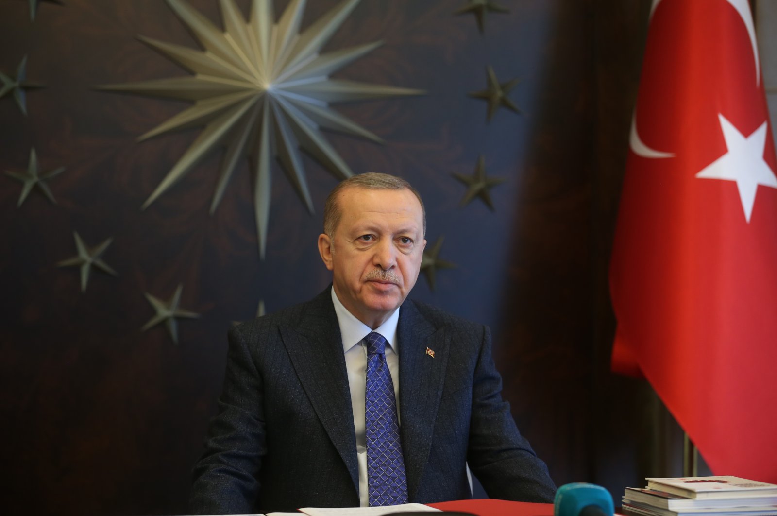 President Recep Tayyip Erdoğan during a videoconference in the Presidential Complex, Ankara, May 22, 2020. (DHA Photo)