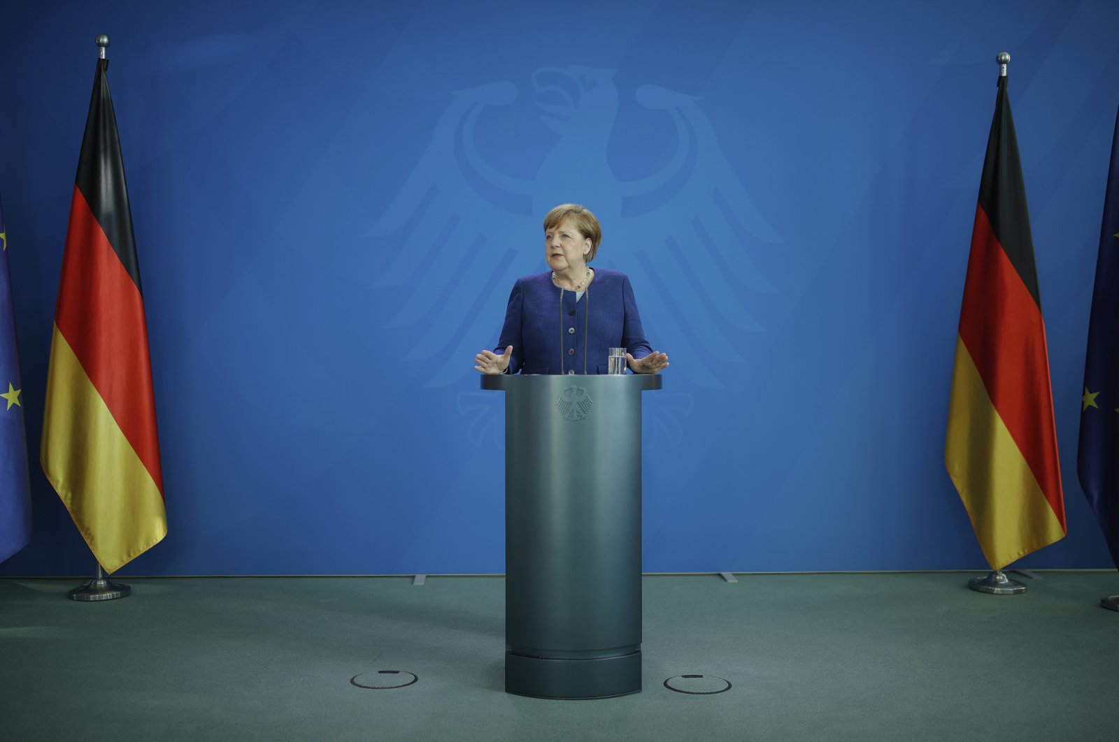 German Chancellor Angela Merkel addresses a press conference following a meeting with international economic and financial organizations on the effects of the coronavirus pandemic, at the Chancellery, Berlin, Germany, May 20, 2020. (AP Photo)