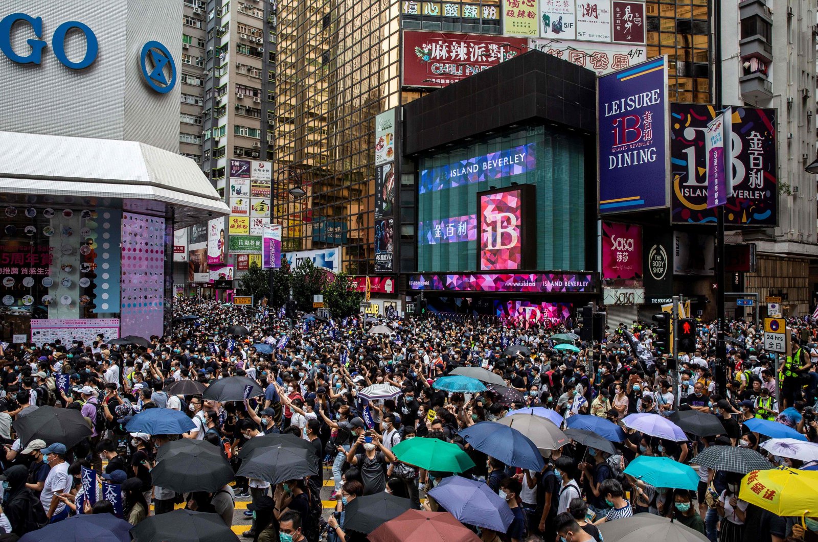Pro-democracy protesters gather in Causeway Bay district of Hong Kong on May 24, 2020, ahead of planned protests against a proposal to enact new security legislation in Hong Kong. (AFP Photo)