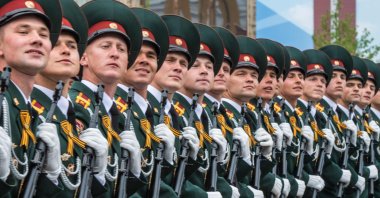 This May 9, 2019, file photo shows soldiers march through Red Square during the Victory Day military parade in downtown Moscow, as Russia celebrates the 74th anniversary of the victory over Nazi Germany. (AFP Photo)