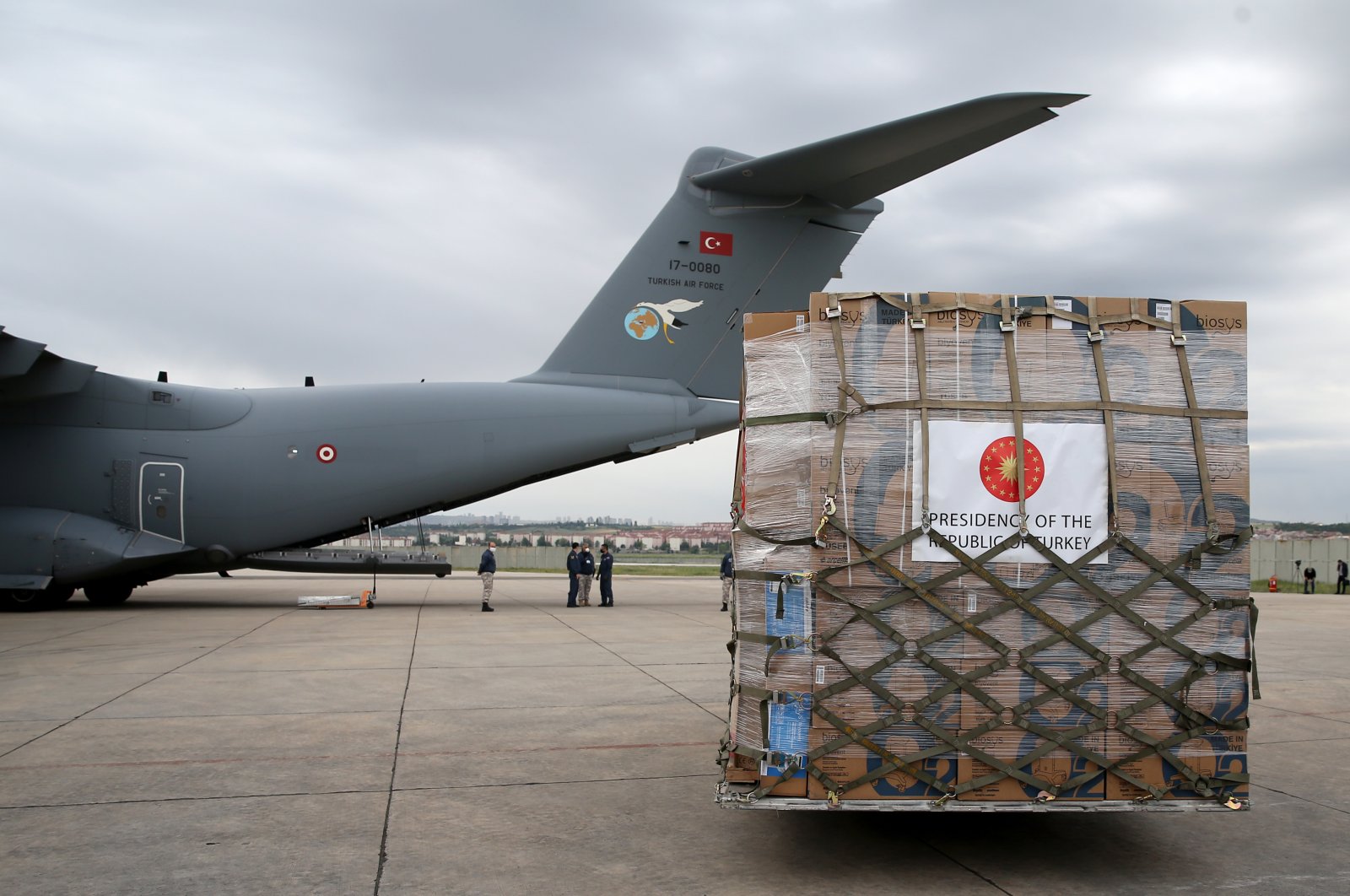 Medical aid destined for Chad sits beside a military cargo plane at Etimesgut airport in Ankara, Turkey, May 26, 2020. (AA Photo)