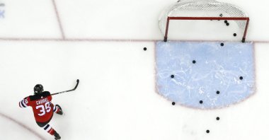 New Jersey Devils right wing Kurtis Gabriel works out prior to an NHL hockey game against the Buffalo Sabres in Newark, N.J., U.S., Feb. 17, 2019. (AP Photo)
