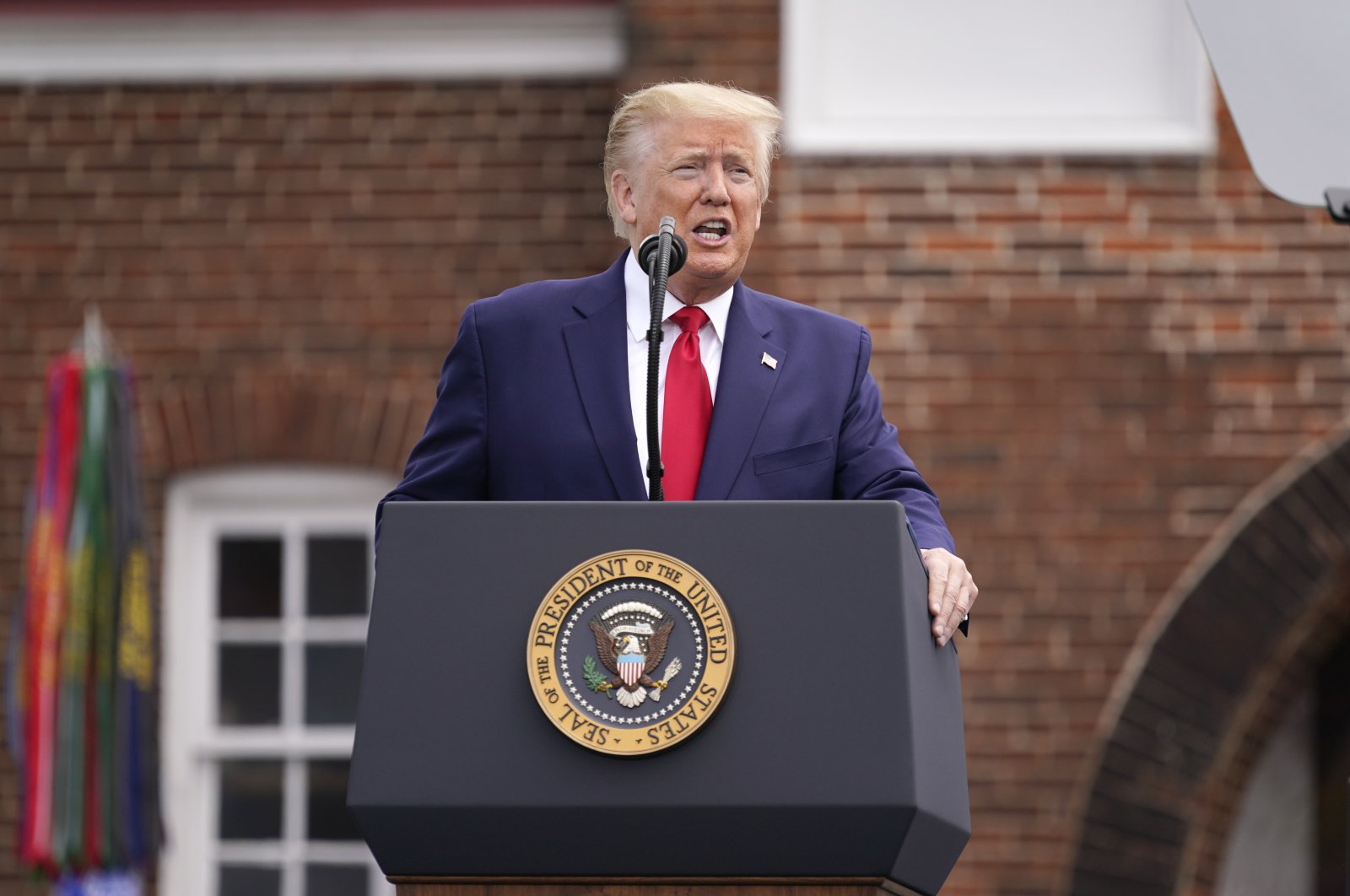 President Donald Trump speaks during a Memorial Day ceremony at Fort McHenry National Monument and Historic Shrine, Monday, May 25, 2020, in Baltimore. (AP Photo)