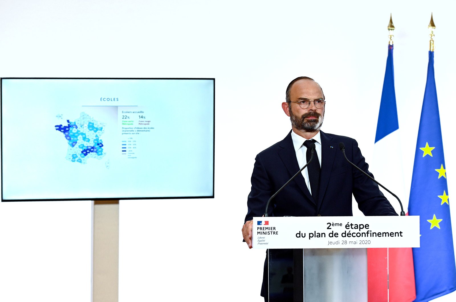 French Prime Minister Edouard Philippe attends a televised address to announce the second phase of the easing of lockdown measures amid the spread of the coronavirus disease (COVID-19) from June 2, at the Hotel Matignon in Paris, France May 28, 2020. (REUTERS Photo)