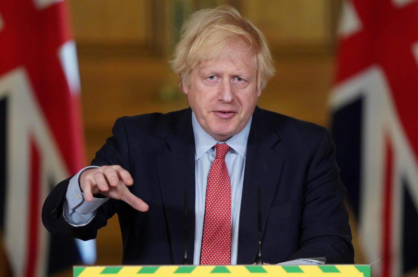 A handout image released by 10 Downing Street, shows Britain's Prime Minister Boris Johnson speaking at a remote press conference to update the nation on the COVID-19 pandemic, inside 10 Downing Street in central London on May 28, 2020. (AFP Photo)