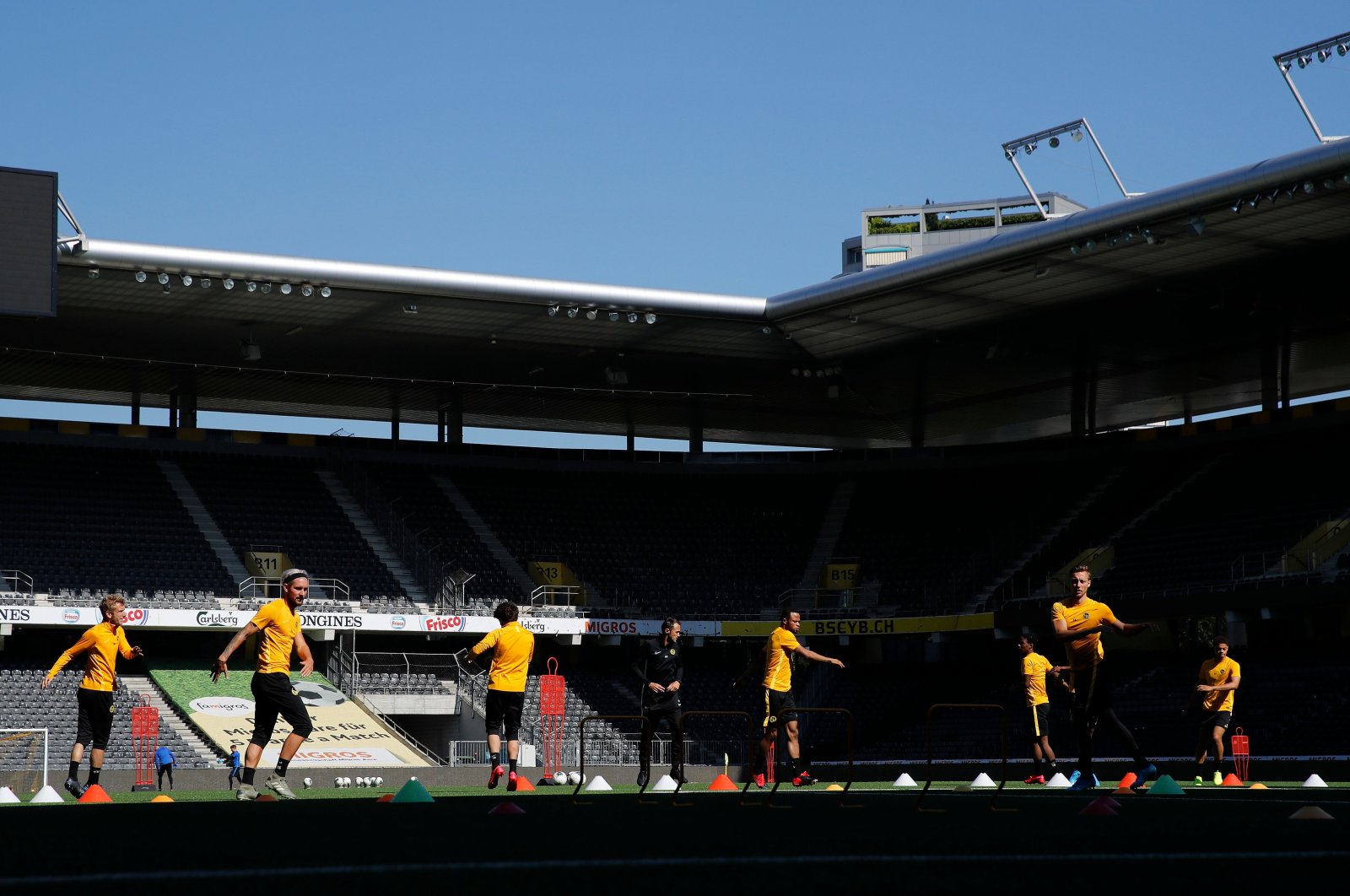 BSC Young Boys' players attend the first training football session following an easing of lockdown rules in Switzerland during the COVID-19 pandemic at the Stade de Suisse stadium in Bern, Switzerland on May 18, 2020. (AFP Photo)