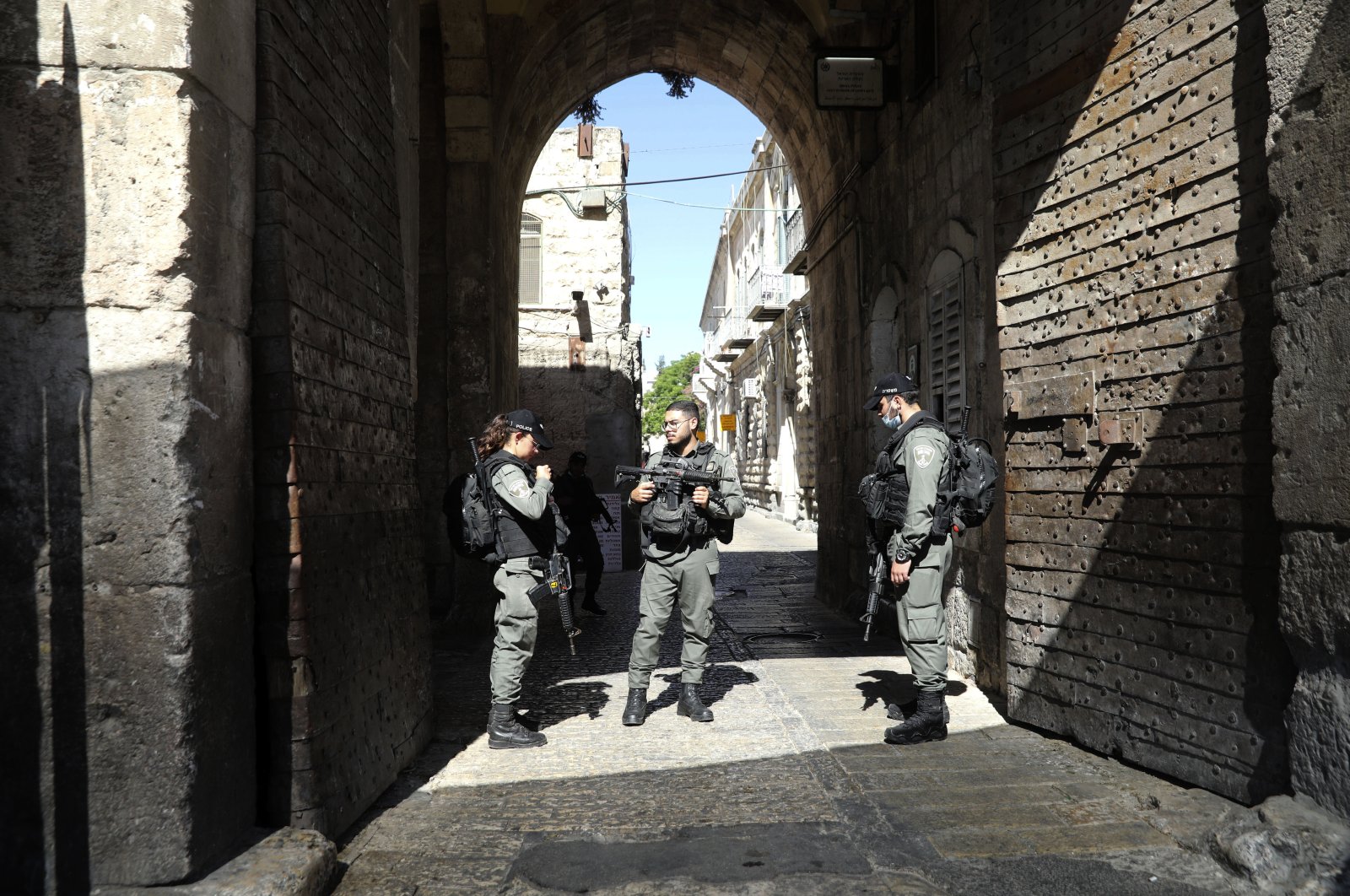 Israeli police officers secure the area of Lion's gate in Jerusalem's Old City, May 30, 2020. (AP Photo)