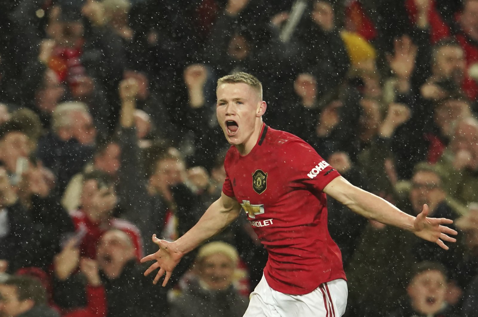 Manchester United's Scott McTominay celebrates a goal during a Premier League match against Manchester City, in Manchester, England, March 8, 2020. (AP Photo)