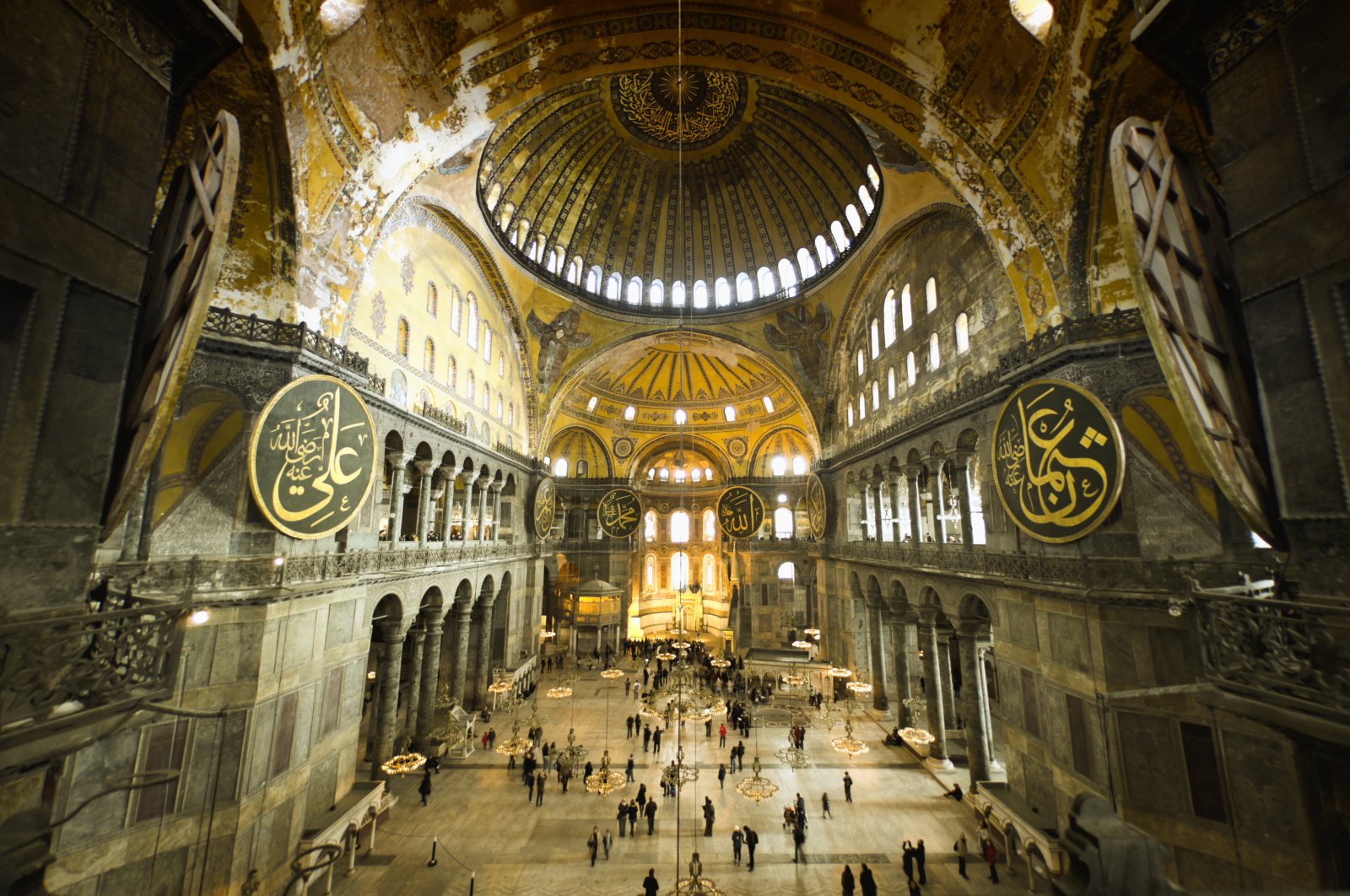 Hagia Sophia indoors captured with a fish-eye lens.