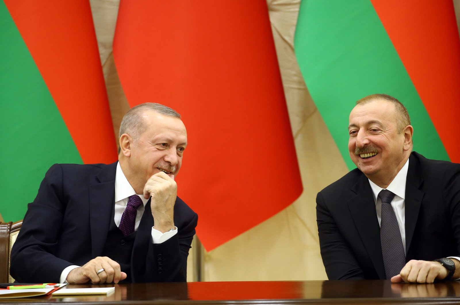 President Recep Tayyip Erdoğan and his Azerbaijani counterpart Ilham Aliyev during a press conference on the eighth meeting of the High-level Strategic Cooperation Council, Baku, Azerbaijan, Feb. 26, 2020. (AA Photo)
