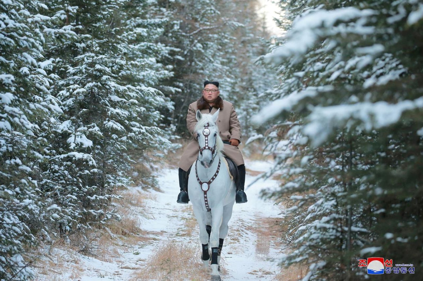 North Korean leader Kim Jong Un rides a horse during snowfall on Paektu Mountain in this image released by North Korea's Korean Central News Agency (KCNA), Oct. 16, 2019. (KCNA via REUTERS)