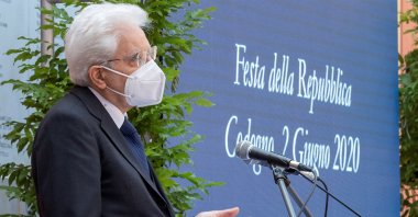 Italian President Sergio Mattarella addresses officials during a private visit on Republic Day in homage to the victims of COVID-19 in Codogno, near Milan, Italy, June 2, 2020. (Handout/Quirinale Press Office via AFP Photo)