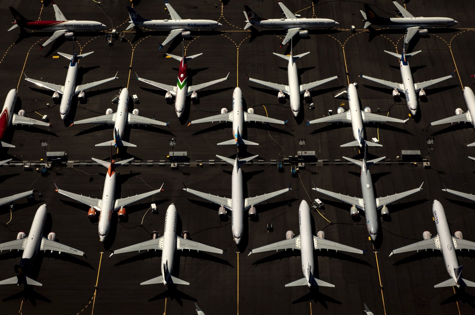 Boeing 737 Max 8 planes gleam in shades of silver as they sit parked following the international grounding of Max 8 aircraft at the Boeing Field in Seattle, U.S., July 21, 2019. (EPA Photo)