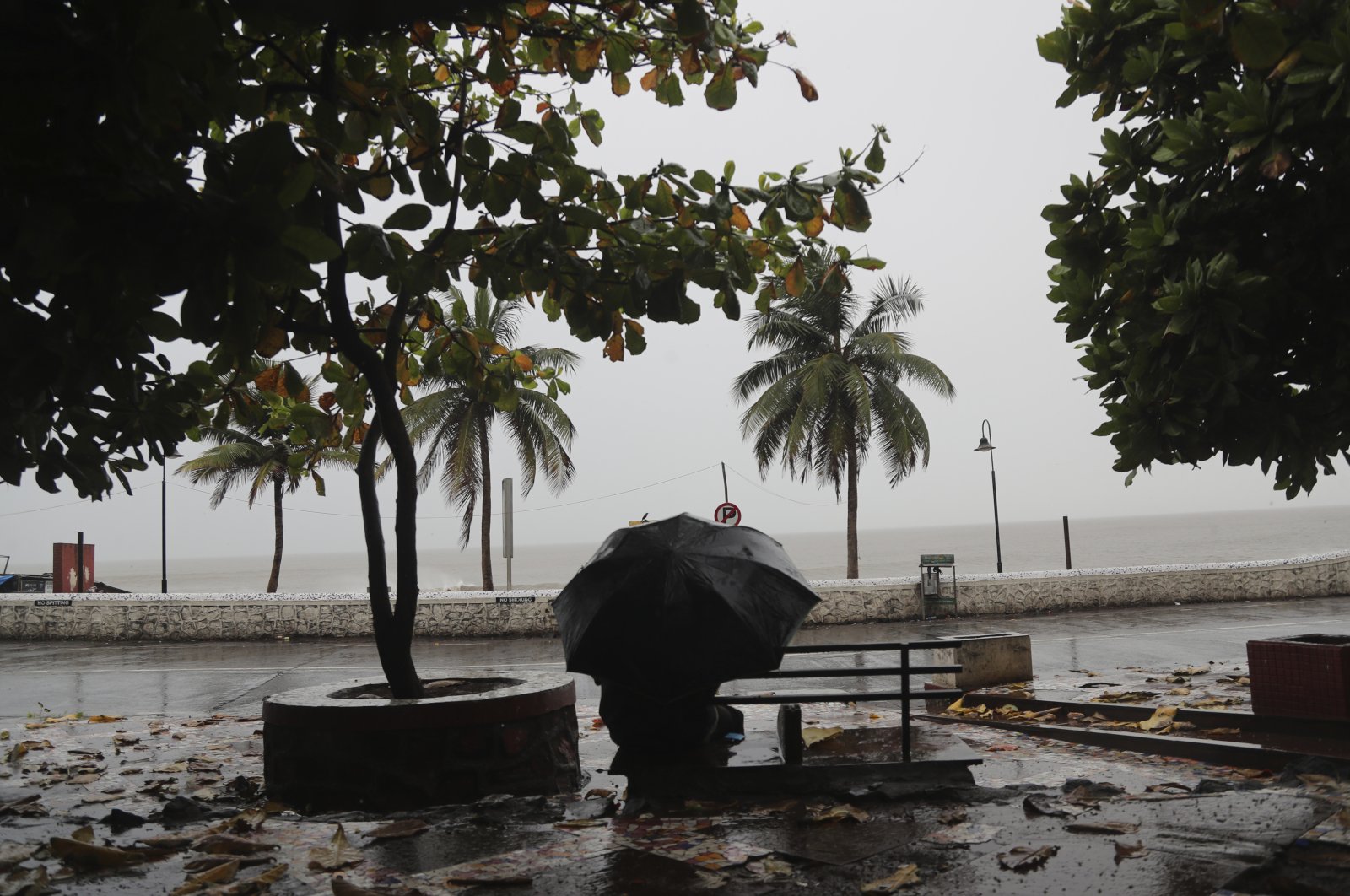 A man sits on a bench as it rains by the shores of the Arabian Sea in Mumbai, India, June 3, 2020. (AP Photo)