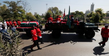 Military officers escort a gun carriage carrying the coffin of late President Daniel Arap Moi during a state funeral procession to Nyayo National Stadium, the venue of the national memorial service, Nairobi, Kenya, Feb. 11, 2020. (Reuters Photo)