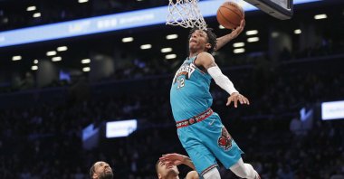 Memphis Grizzlies guard Ja Morant goes up for a dunk during an NBA game in New York City, New York, U.S., March 4, 2020. (AP Photo)
