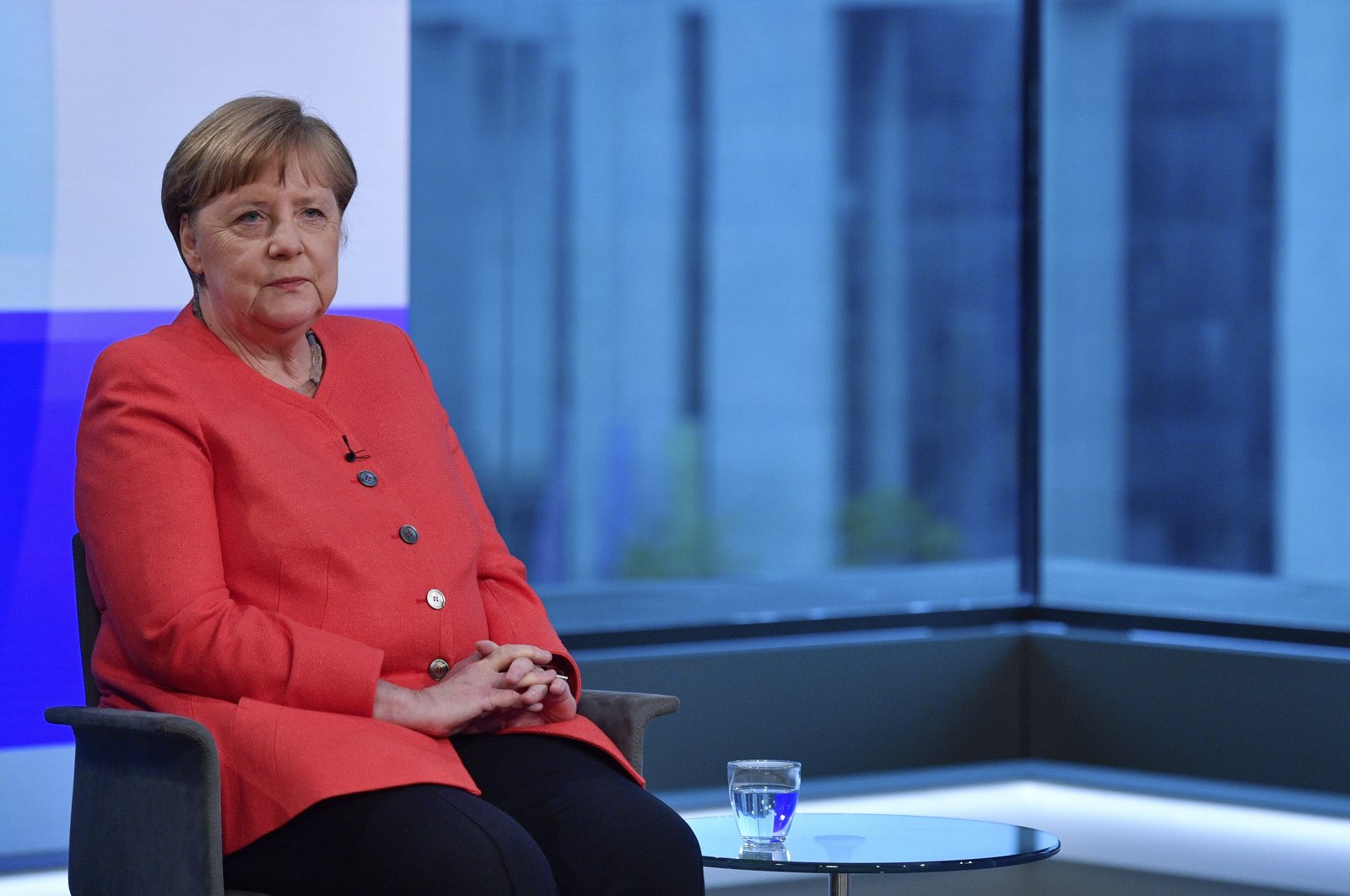 German Chancellor Angela Merkel, ahead of a televised interview at the ARD-Hauptstadtstudio of public broadcaster ARD, Berlin, Germany, June 4, 2020. (AP Photo)