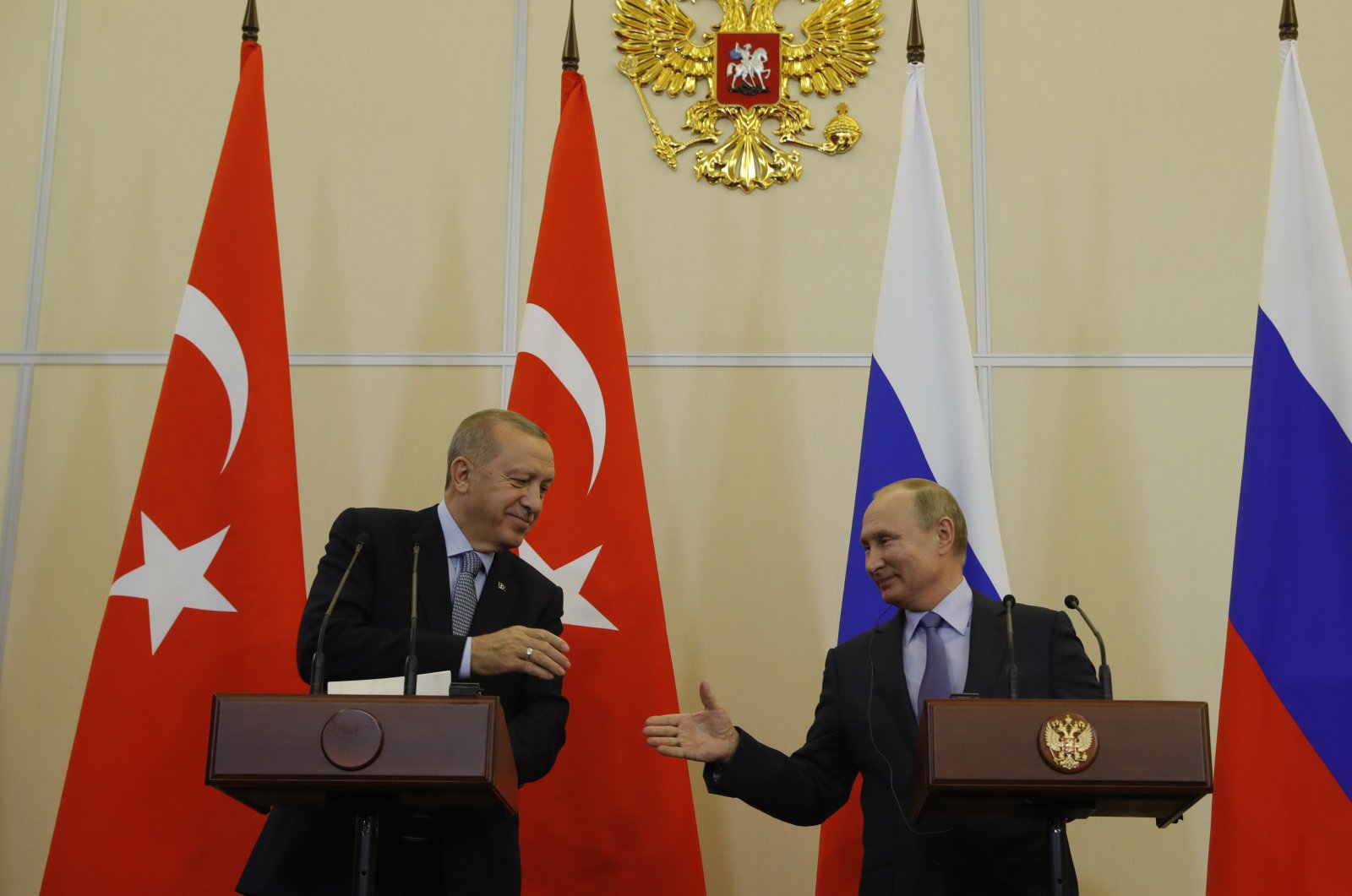 President Recep Tayyip Erdoğan and his Russian counterpart speaking at a joint news conference in Sochi, Russia, Oct. 24, 2019. (IHA Photo) 