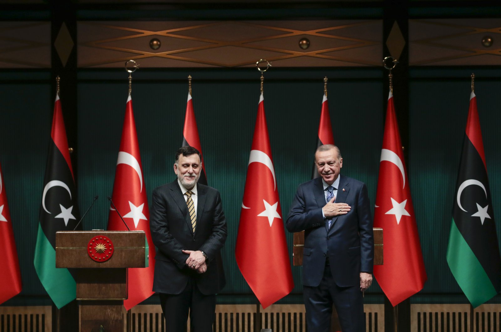 President Recep Tayyip Erdoğan and Libya's Prime Minister Fayez al-Sarraj during a press conference after their meeting on the Libya crisis and bilateral relations, Ankara, June 4, 2020. (AA Photo)